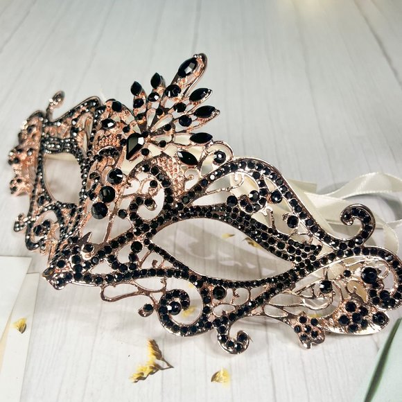 Masquerade Mask Luxury Black Crystal, Rhinestone Gold Mask, Black Diamond Mask - Picture 2 of 3